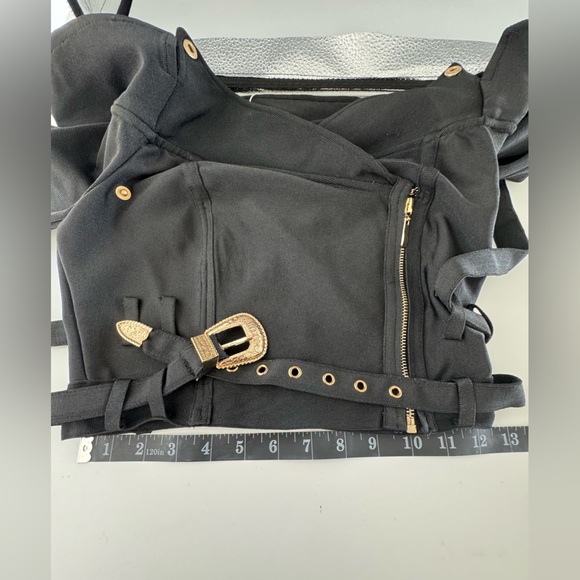 Wow Couture Black Off-Shoulder Belted Long Sleeves Bondage Top Gold Accents - Picture 9 of 13